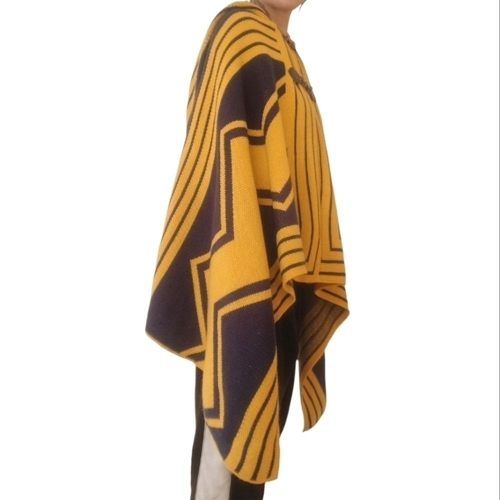Mouvance Paris Nuuk Hooded Cape Yellow Purple Geometric Graphic Poncho One Size - Picture 4 of 5